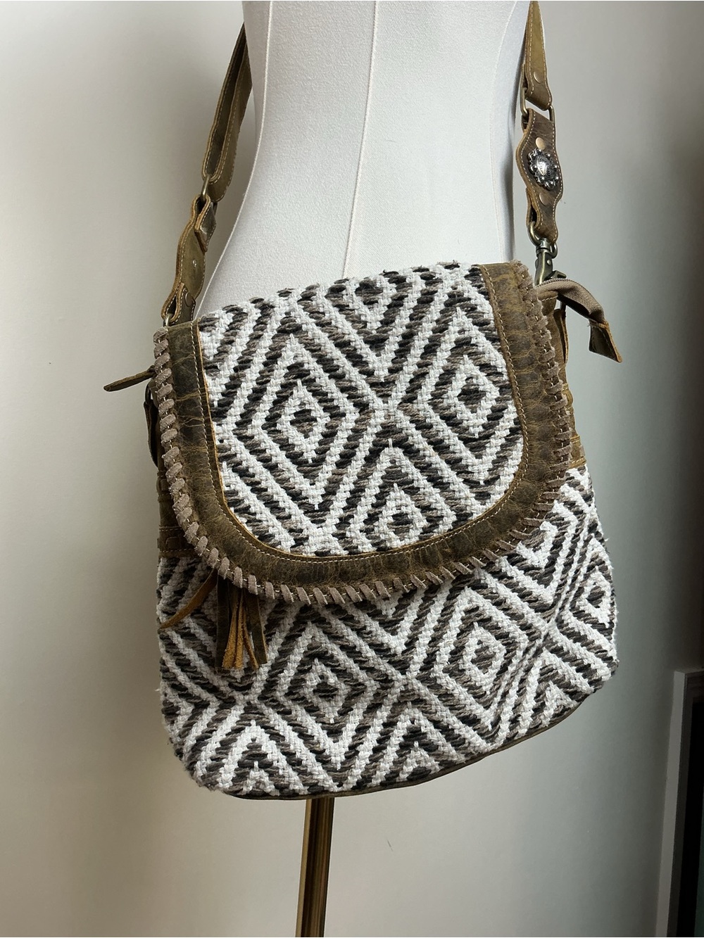 Myra Sand Weaver Leather Crossbody/Shoulder Upcycled Rug Boho Purse